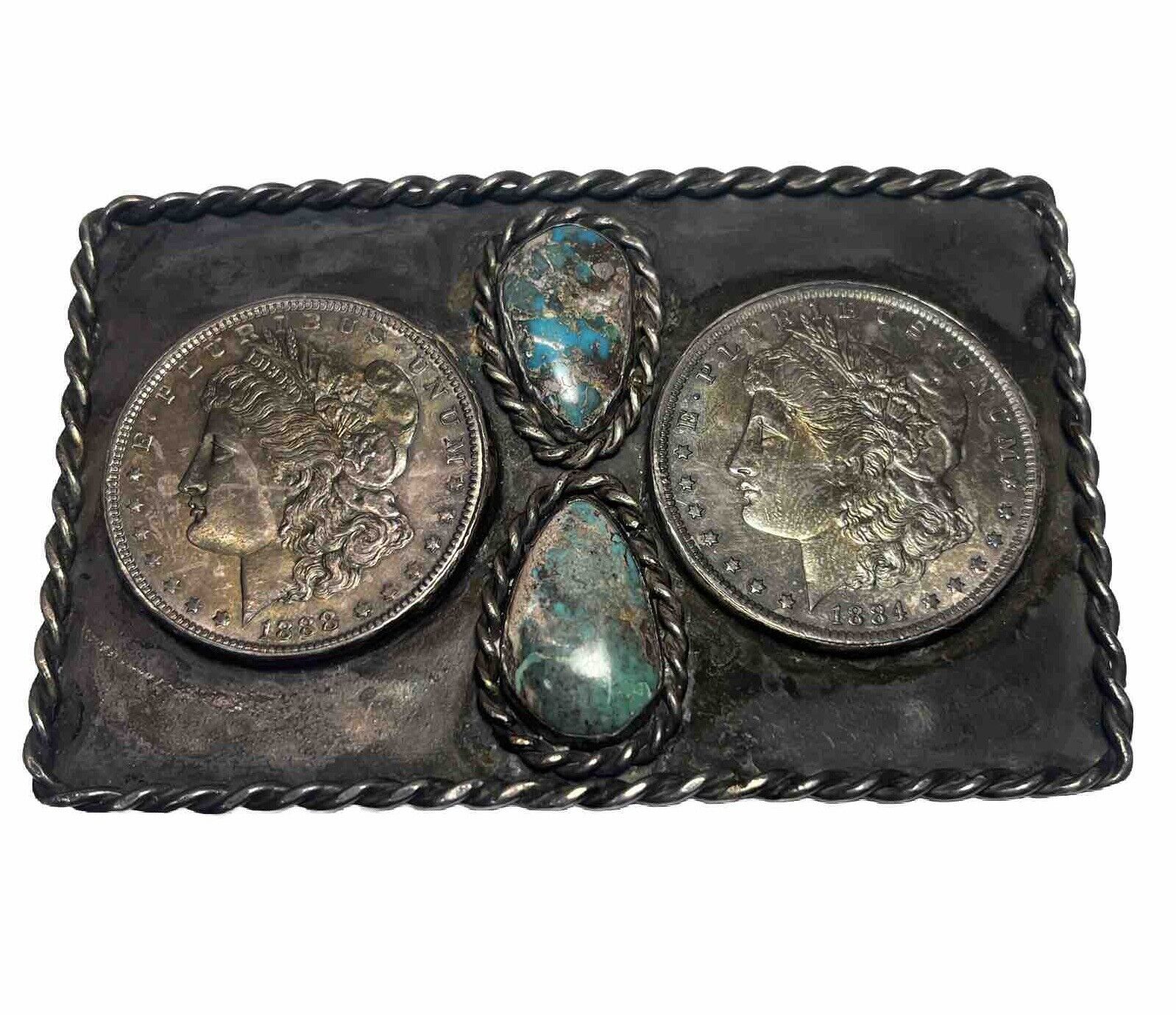 19th Century 1884/1888 Morgan Silver Dollar Turquoise Belt Buckle Handmade RARE