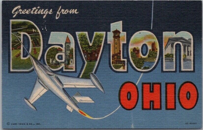 c1950s DAYTON Ohio Large Letter Postcard Jet Airplane / Curteich Linen / Unused