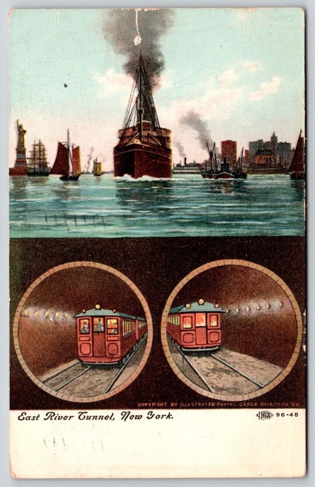 New York East River Tunnel Multi View Boats Trains Railroad Cancel 1908 Postcard