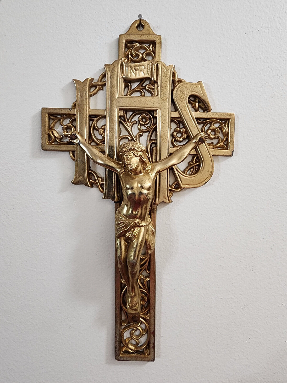 *Vintage* Ornate INRI IHS Crucifix Cross Heavy Cast Bronze Metal w/Gold Finish