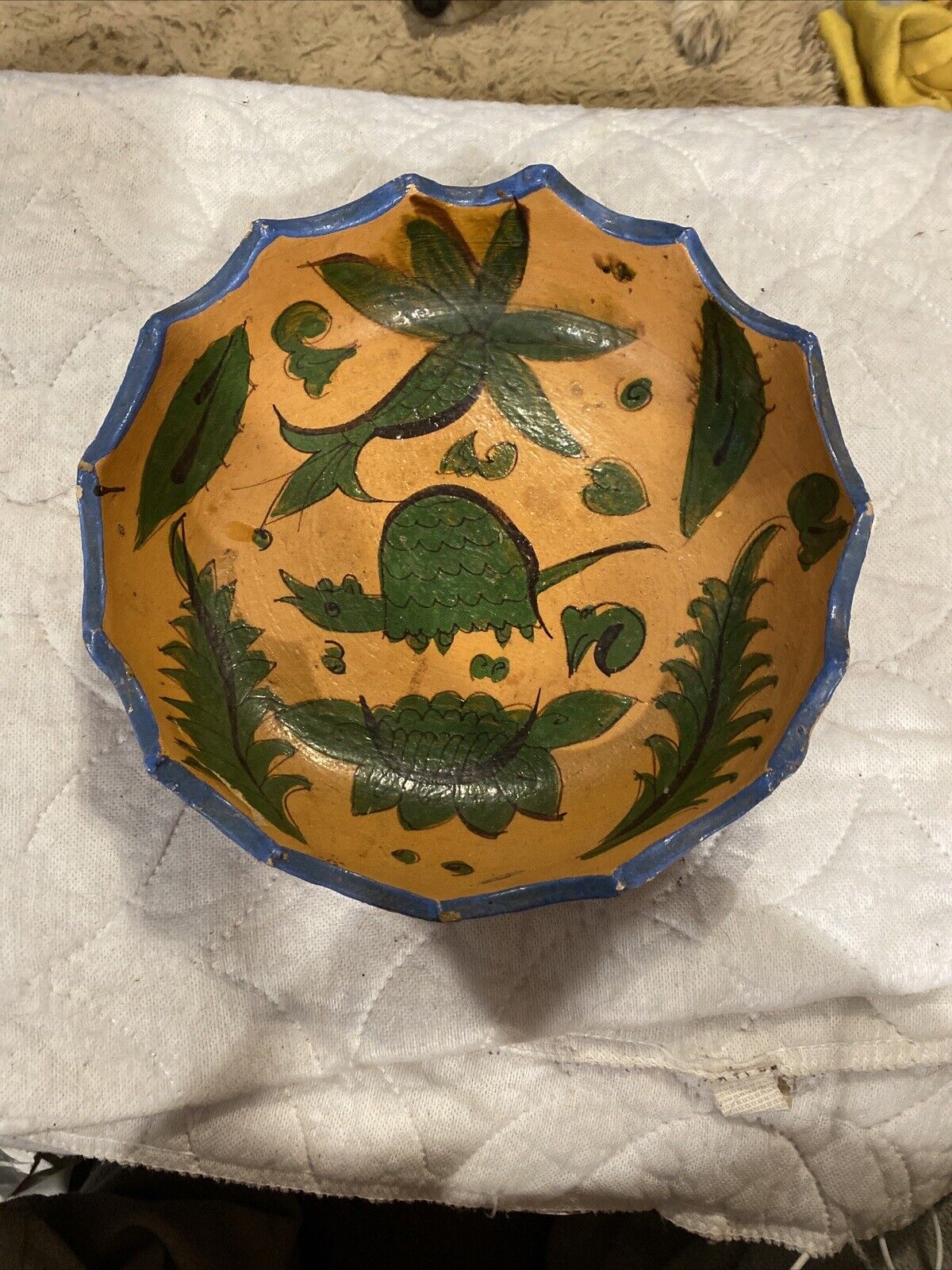 Vintage Mexican Pottery 12” Centerpiece Bowl Leaf Themed..hand made..southwest