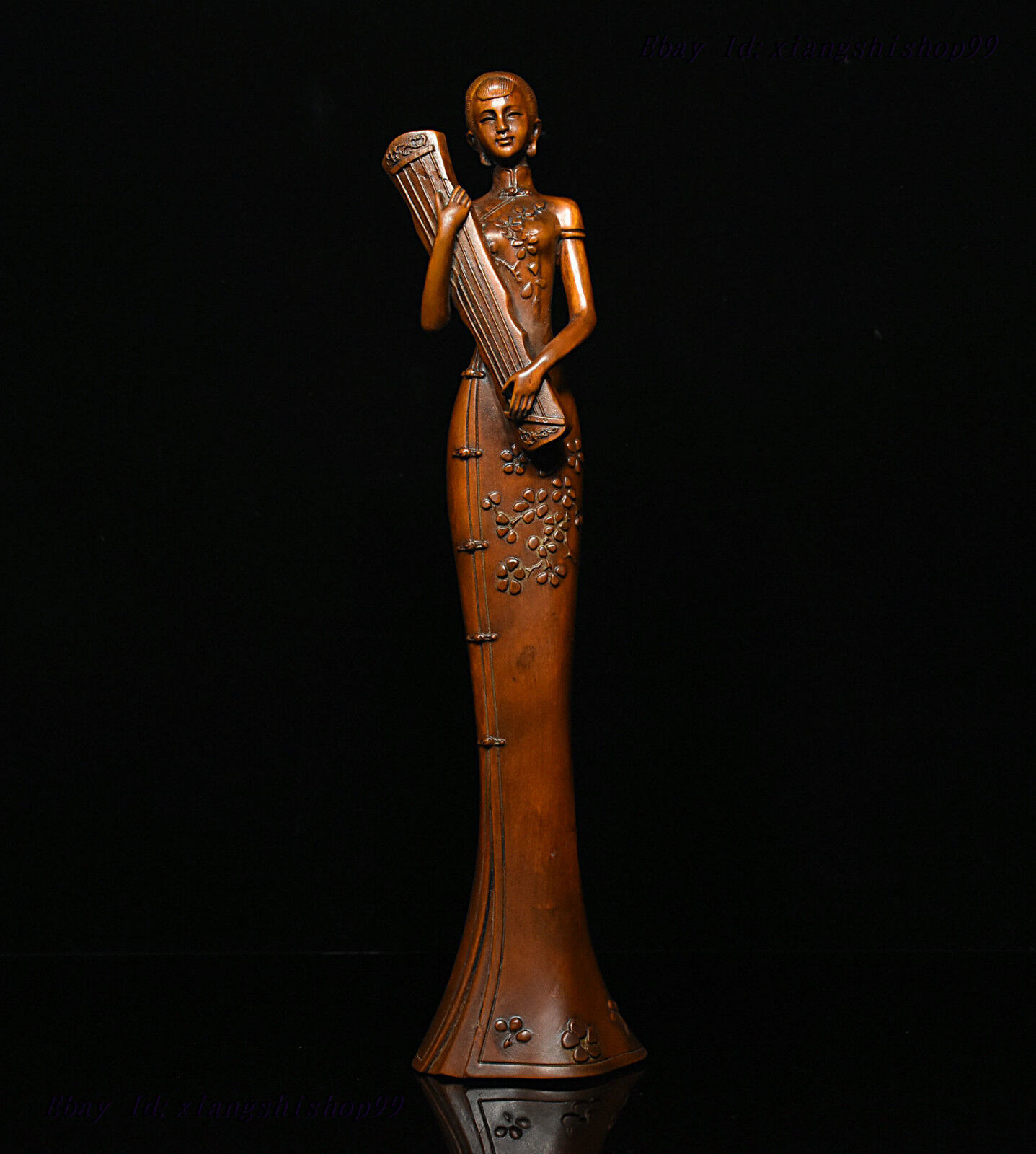 Chinese Collection Boxwood wood Carve hold Qin beautiful woman goddess Statue 