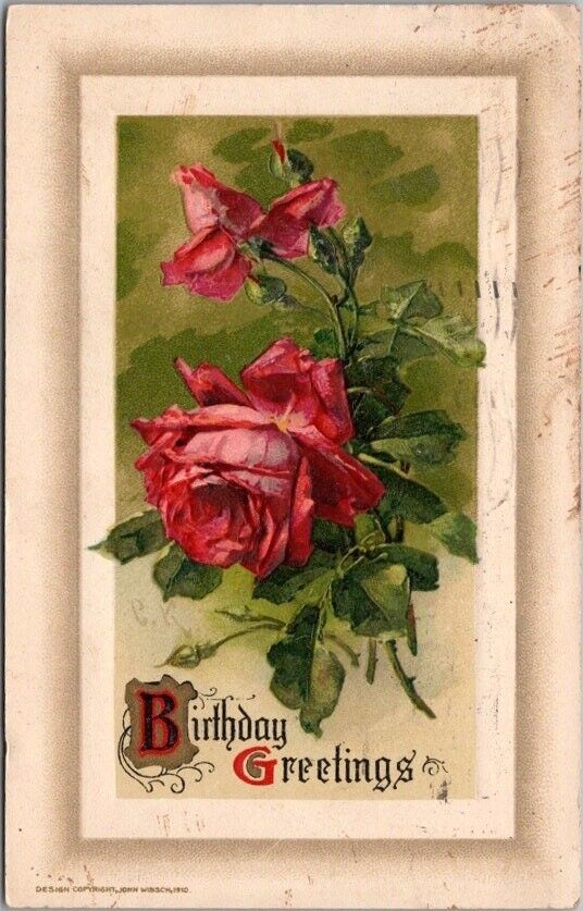 Vintage WINSCH Birthday Greetings Embossed Postcard Pink Roses / 1913 Cancel