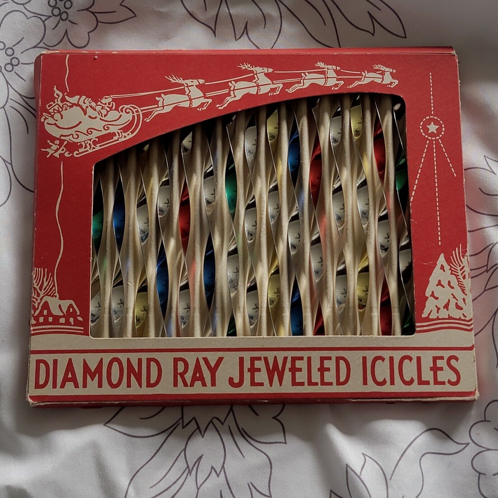 VINTAGE CHRISTMAS DIAMOND RAY JEWELED ICICLES METAL TINSEL IN ORIG BOX~