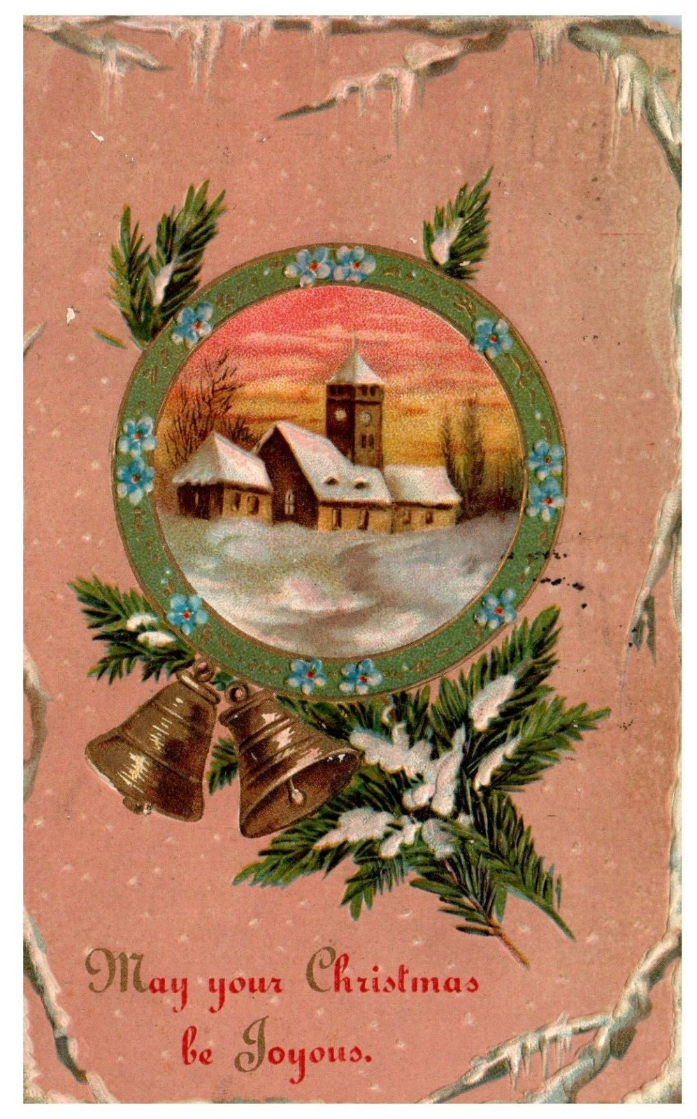 Christmas Joy Winter Church Bells Snow Embossed USA Antique Postcard Posted 1910