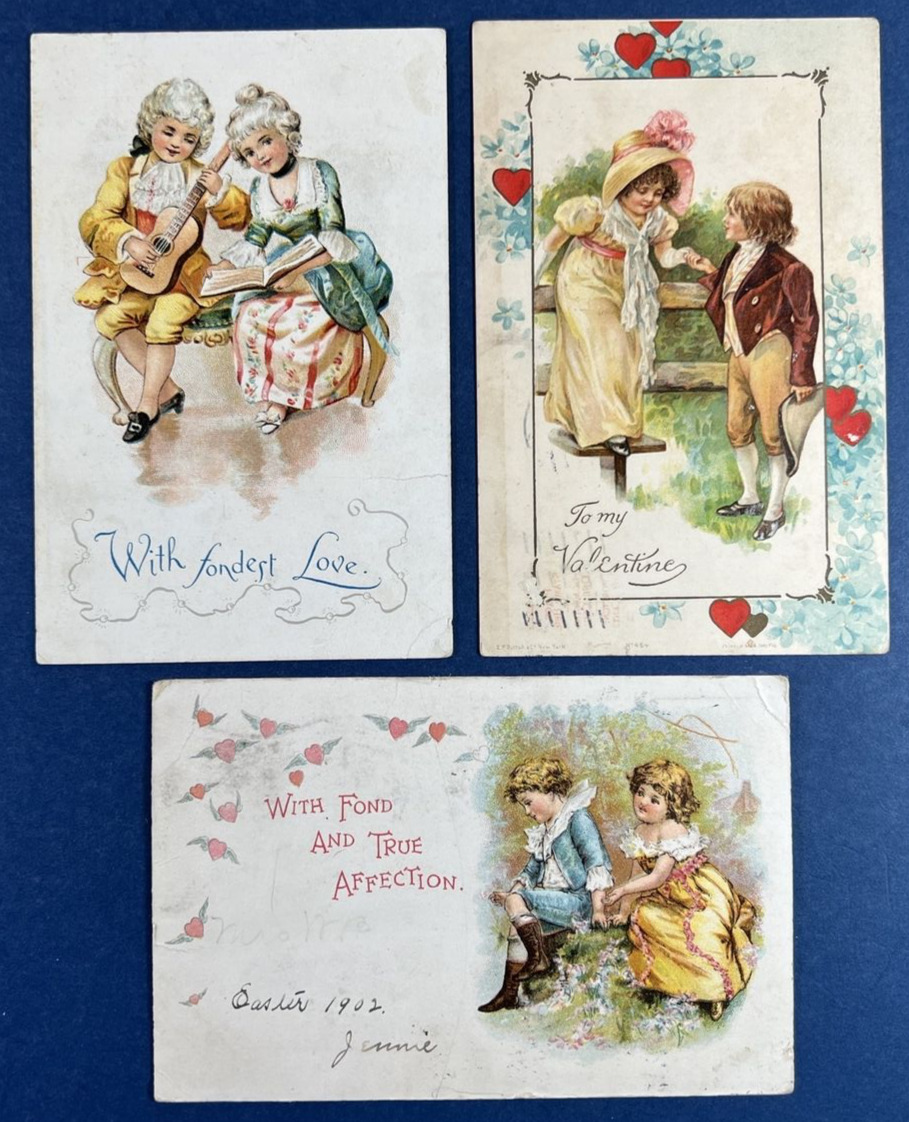 3 Children Couples Valentine\'s Day Antique Postcards. 1902-05 era. UND Backs