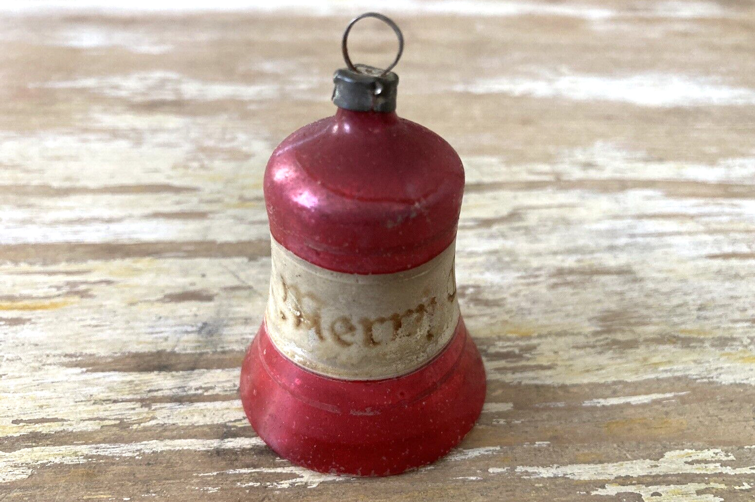 Antique vintage mercury blown glass Merry Christmas ornament bell with clapper