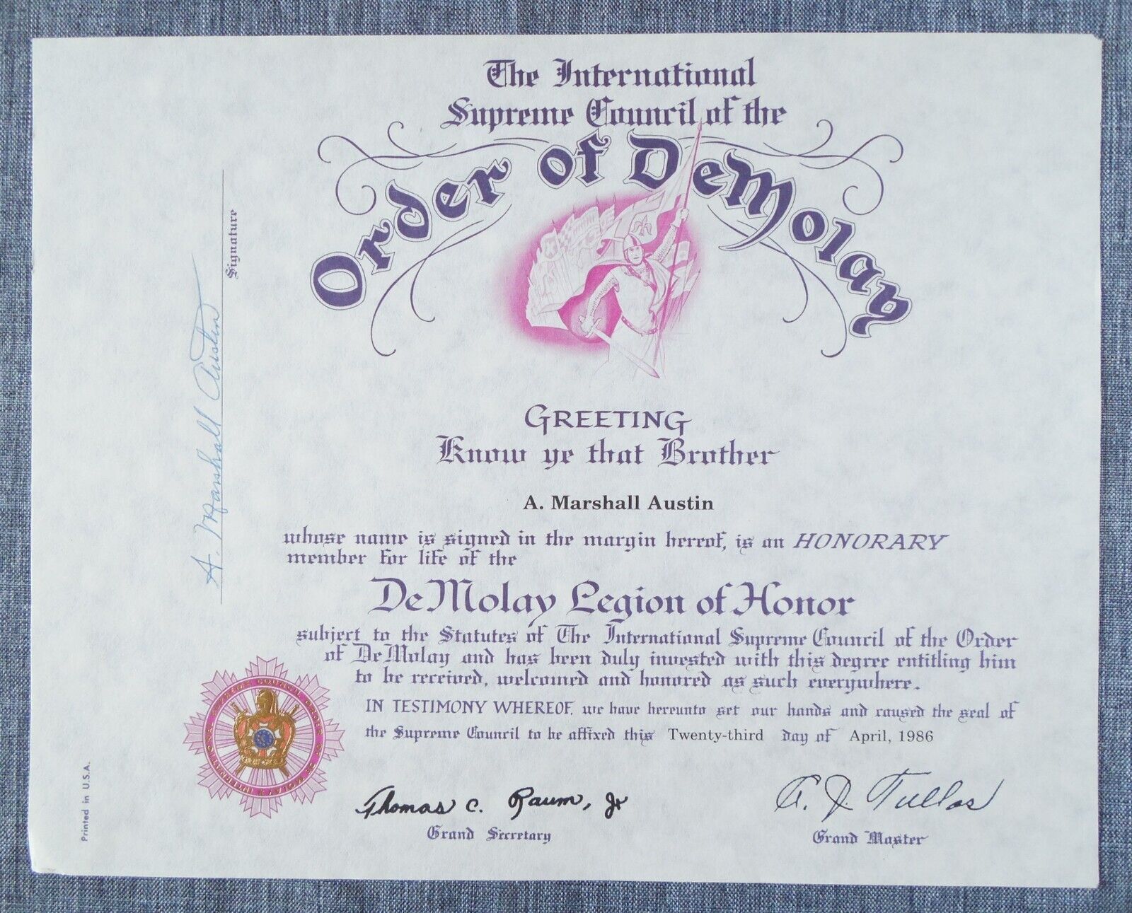 Order of DeMolay Honorary Life Member Legion of Honor Certificate 1986 Vintage