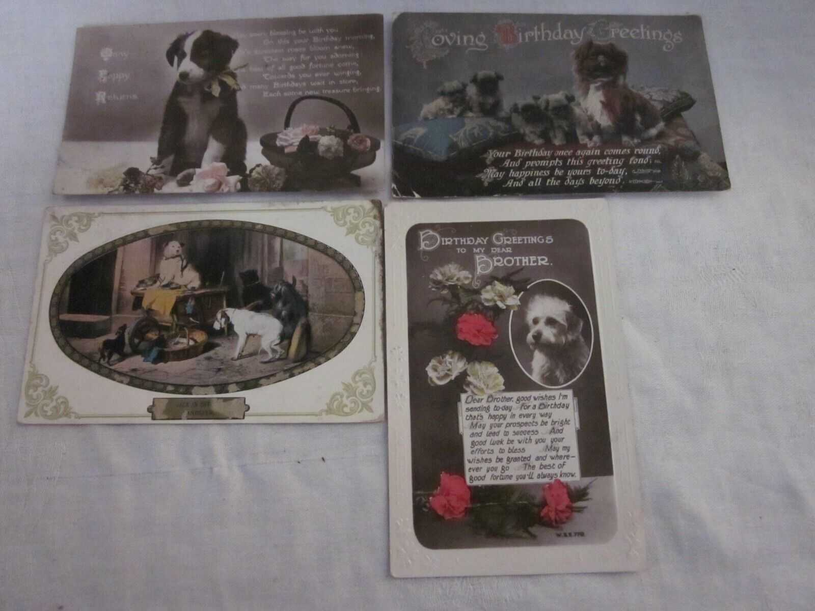 Lot of 4 Antique vintage cute puppy dog Birthday Greetings Postcards
