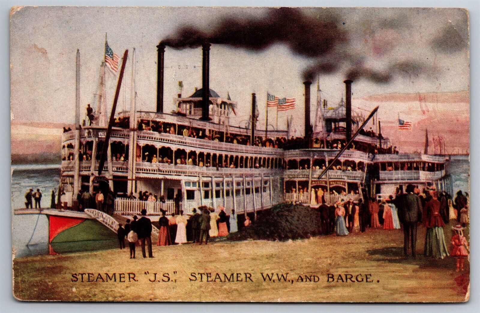Steamer JS Steamer WW & Barge 2 Steamers at Dock C1907 Postcard H3