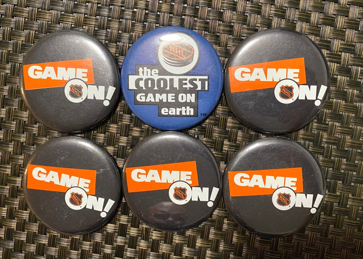 6PC LOT VINTAGE NHL HOCKEY GAME ON THE COOLEST GAME ON EARTH BUTTON BADGE PINS