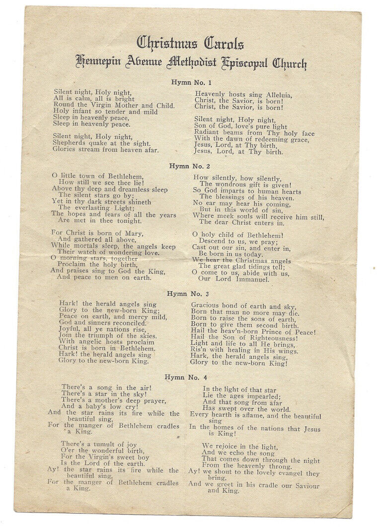 c1910s Christmas Carols Hymns Hennepin Methodist Episcopal Church Minnesota MN