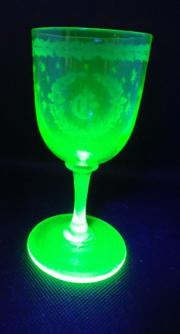 Vintage UV Green Cordial Glass GLOWS Monogramed---5\
