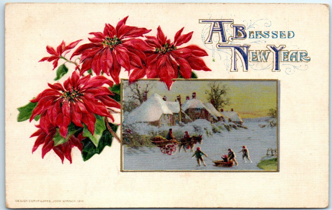 Postcard - A Blessed New Year with Flowers and Snow Scene Art Print