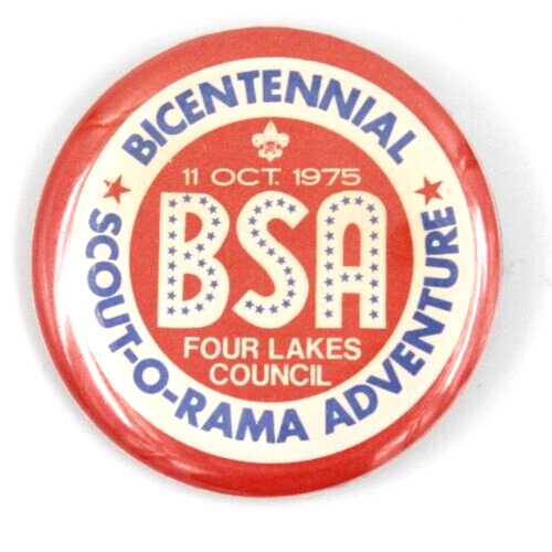 Vintage 1975 Scout-O-Rama Four Lakes Council Button Pin Wisconsin WI Boy Scouts