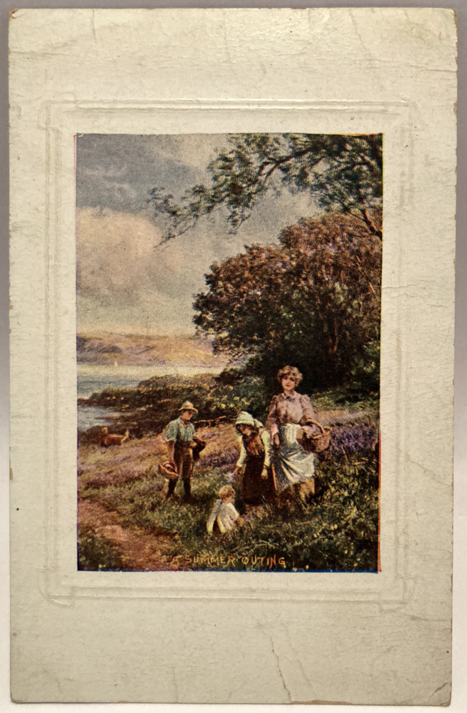 Mother & Children With Baskets on A Summer Outing Vintage Embossed Postcard
