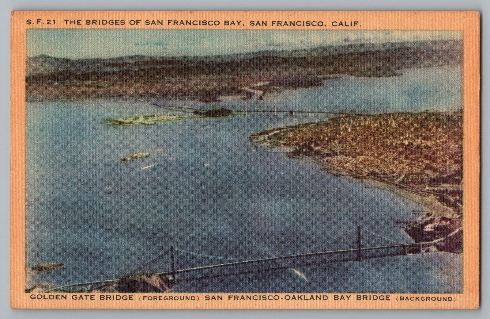 Postcard Golden Gate Bridge, Oakland Bridge, San Francisco, California