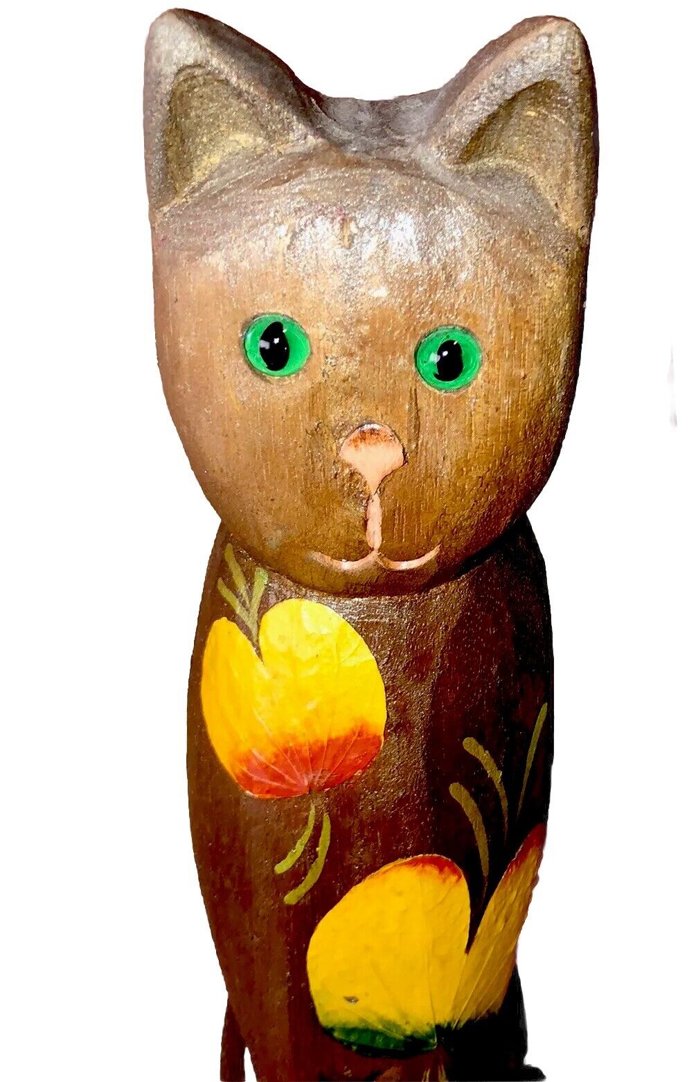 Vintage hand-painted 14 inch carved wood Philippines cat￼ Figurine￼