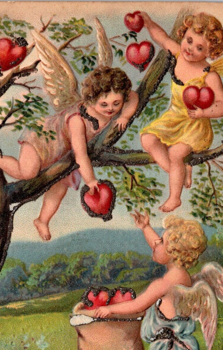 Vintage 1910 Postcard Valentine Fantasy Cupids Picking Glitter Hearts From Tree