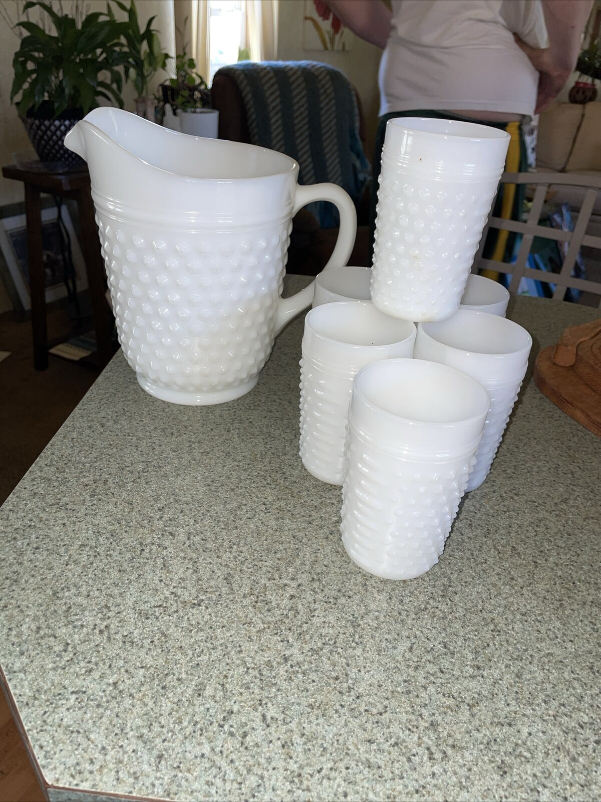 Vintage White Glass Pitcher And 6 Glasses