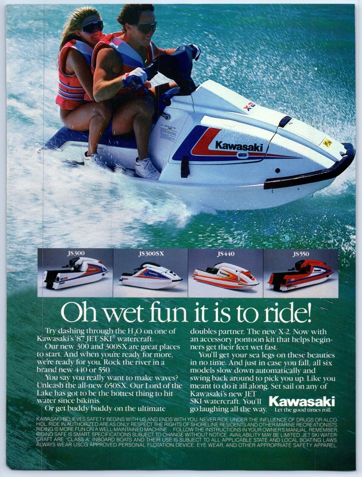 Kawasaki Jet Ski Man Woman JS 300 JS300SX JS440 JS550 1987 Print Ad 8\