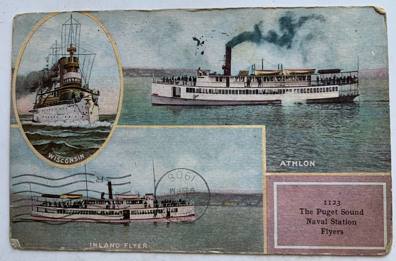 1908 WA Postcard Washington Puget Sound Naval Station Flyers ships steamers boat
