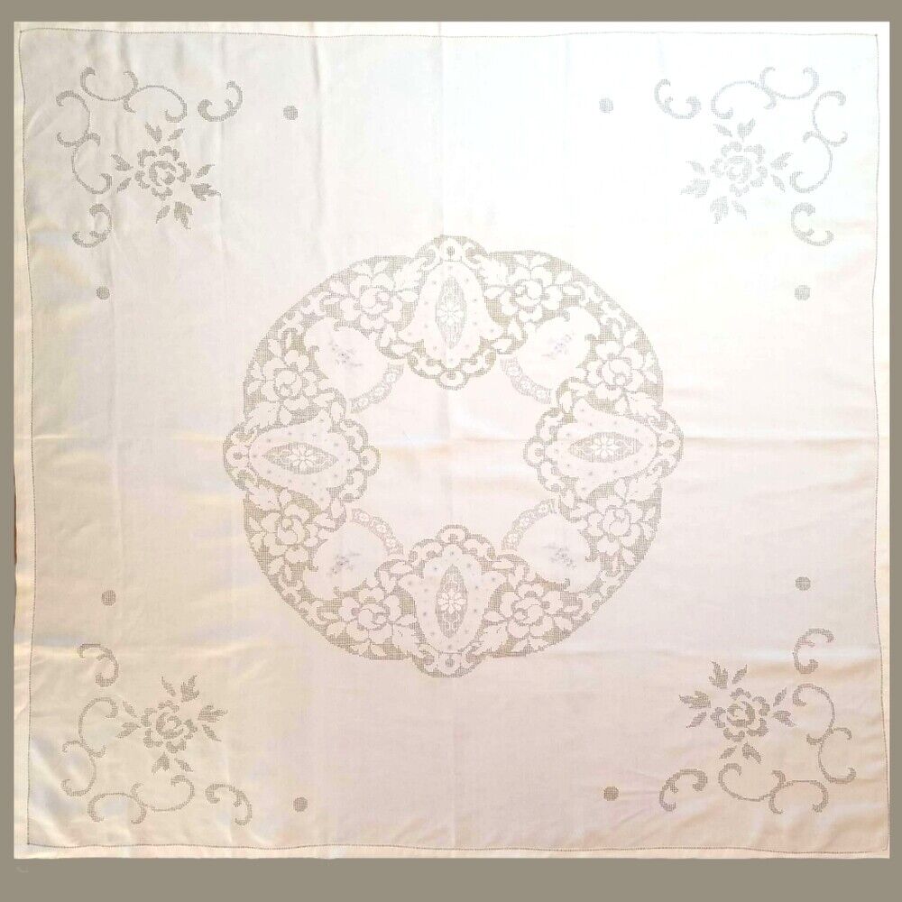 Antique Late 1800's Hand Lace and Embroidered Linen Tablecloth From Germany
