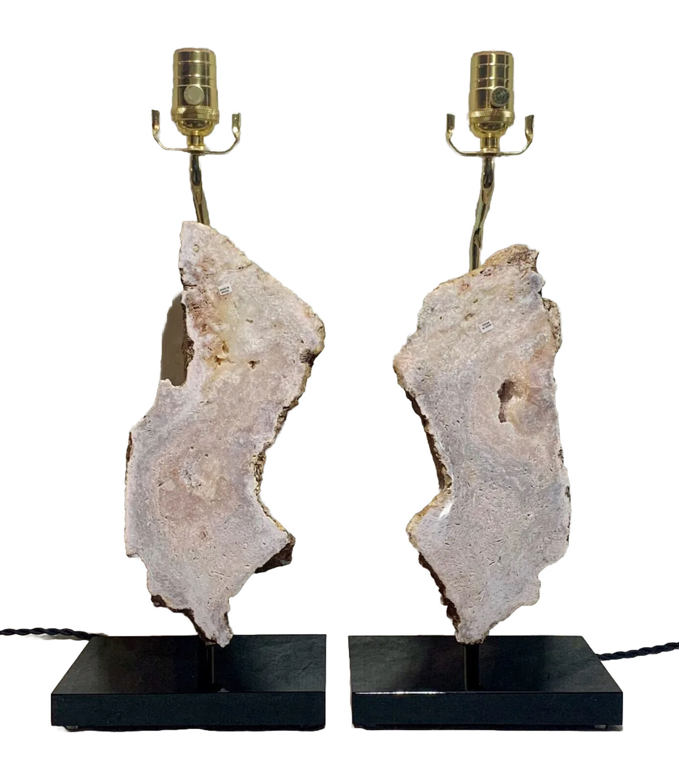 Pair Pink Amethyst from Brazil on Black Lucite Bases Lamps Crystal Geode Rock