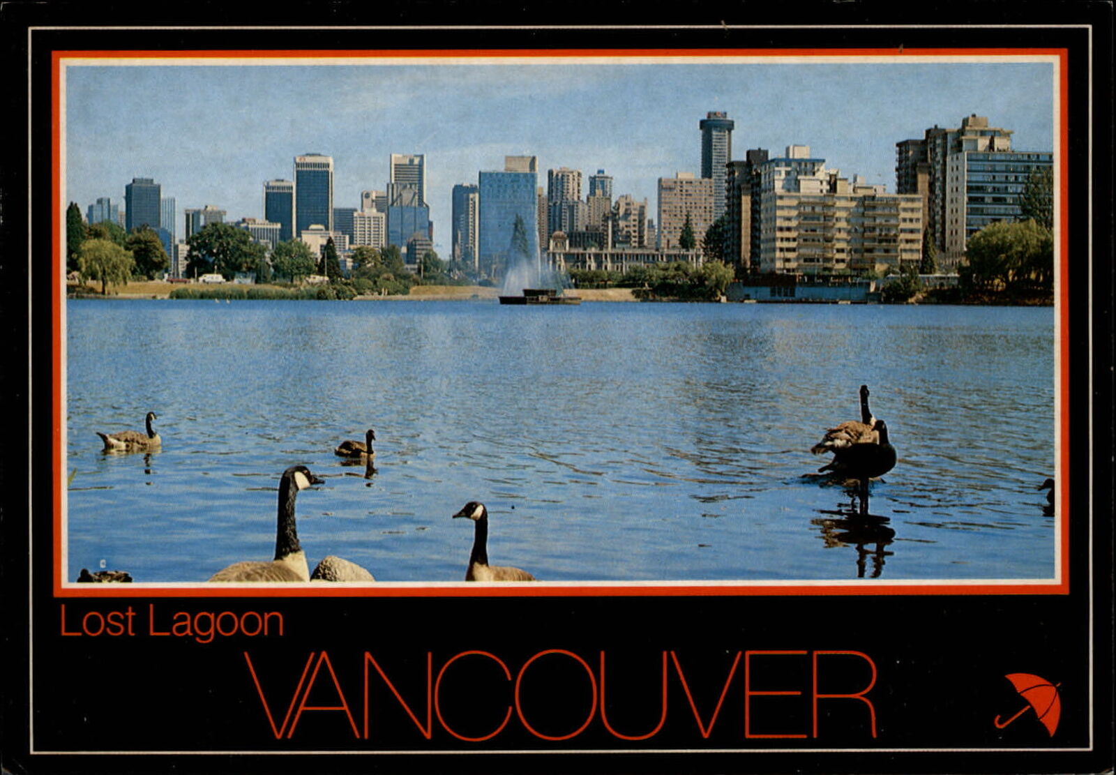 Lost Lagoon British Columbia Canada Vancouver skyline ~ vintage postcard