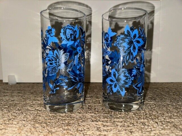 2 Vintage Libbey Glass Tumblers Blue Black Flowers Floral 16 oz