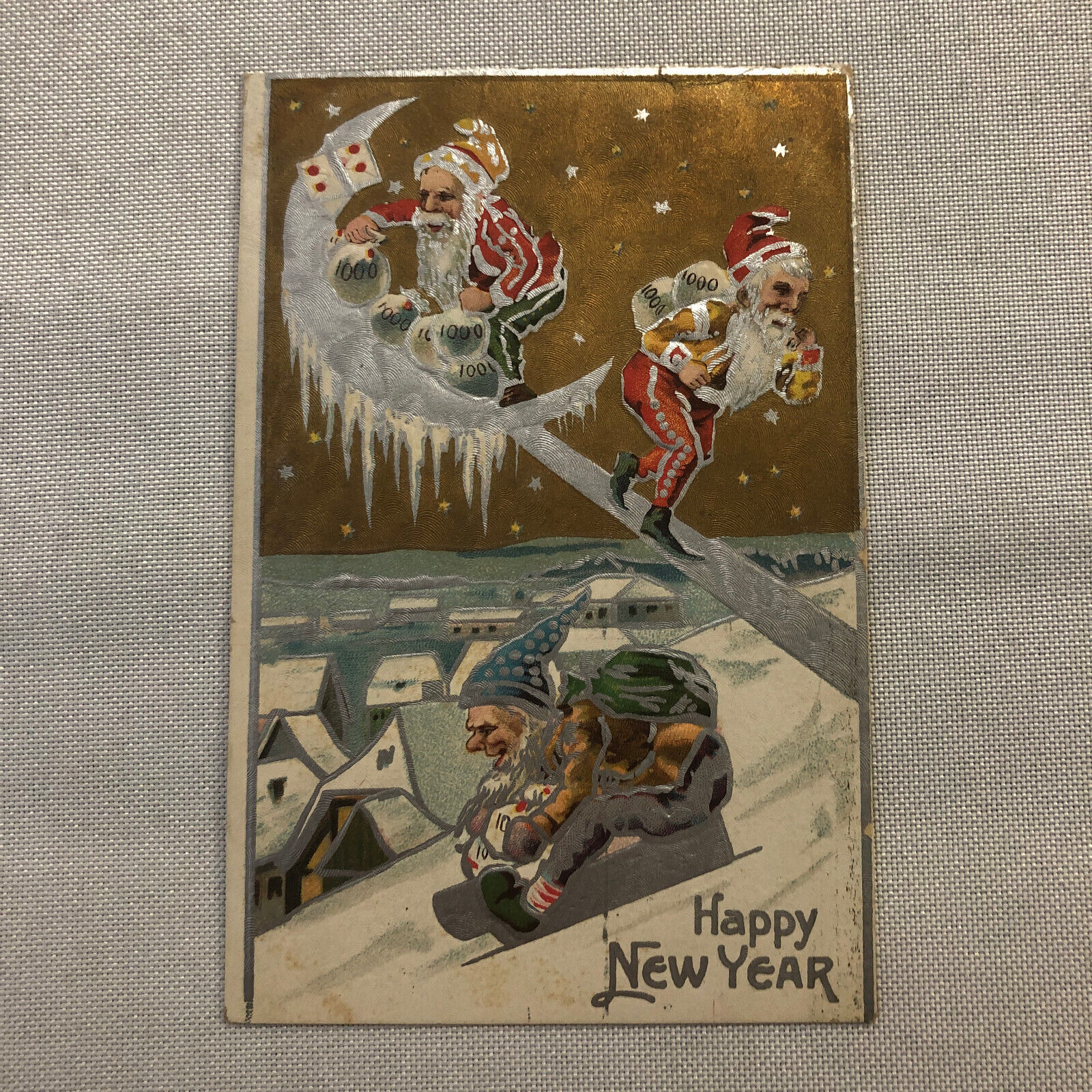 New Years Postcard Post Card Vintage Antique New Year Embossed Elves
