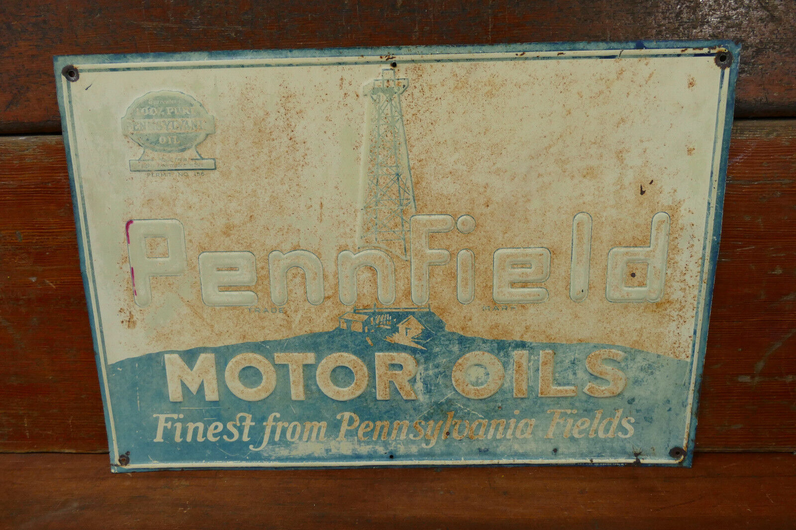 Vintage 1930s Original Pennfield Motor Oil Embossed Gas Oil Advertising Sign