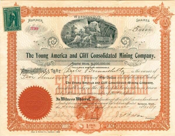 Young America and Cliff Consolidated Mining Co. - Stock Certificate - Mining Sto