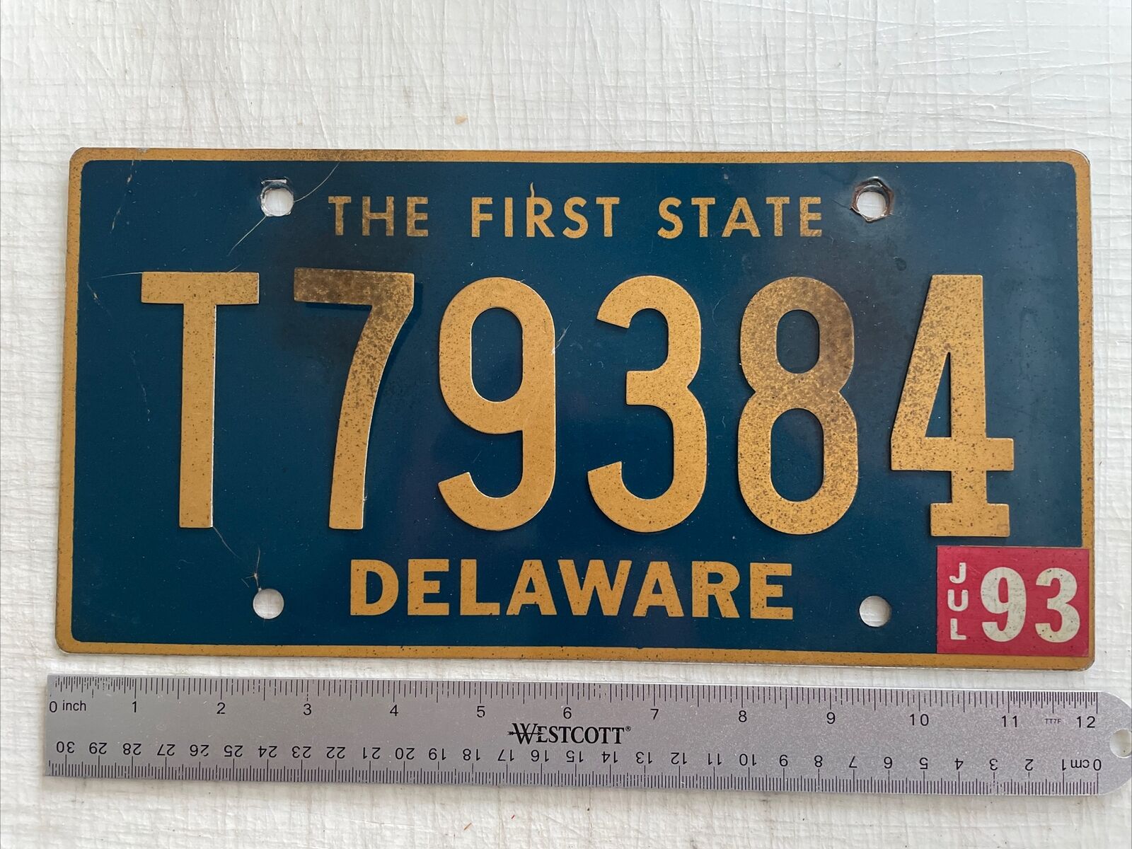 Vintage 1993 Riveted Delaware License Plate Tag T79384 (7 Is loose)