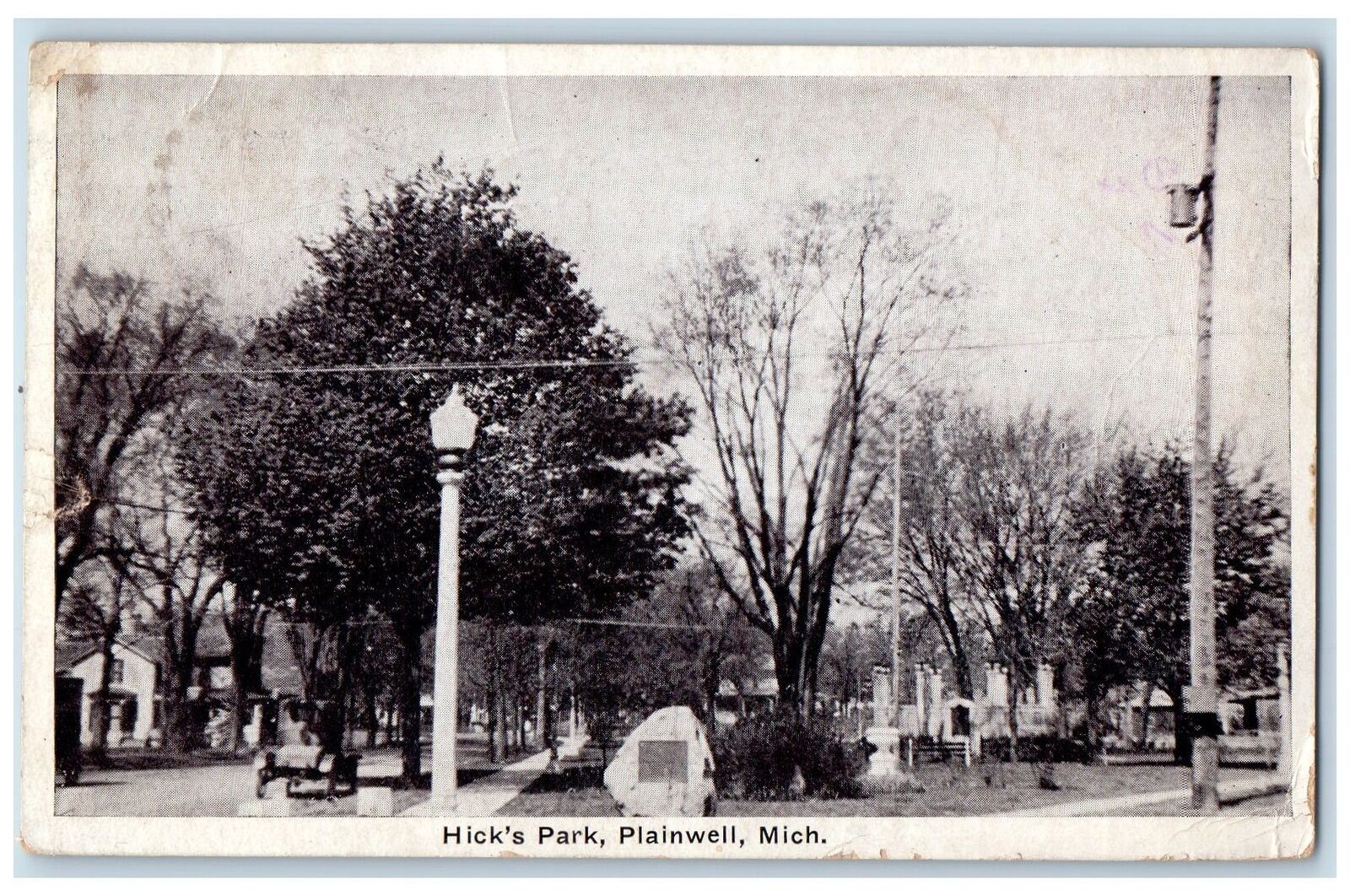 1927 Hick\'s Park Roadside Lampposts Scene Plainwell MI Posted Vintage Postcard