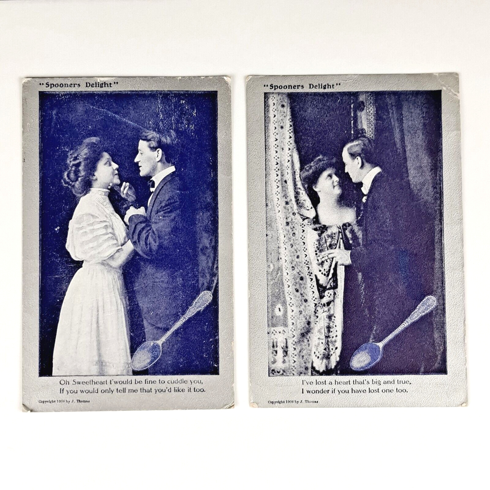 TWO ANTIQUE 1908 REAL PHOTO SPOONER'S DELIGHT J. THOMAS RPPC POSTCARDS - POSTED