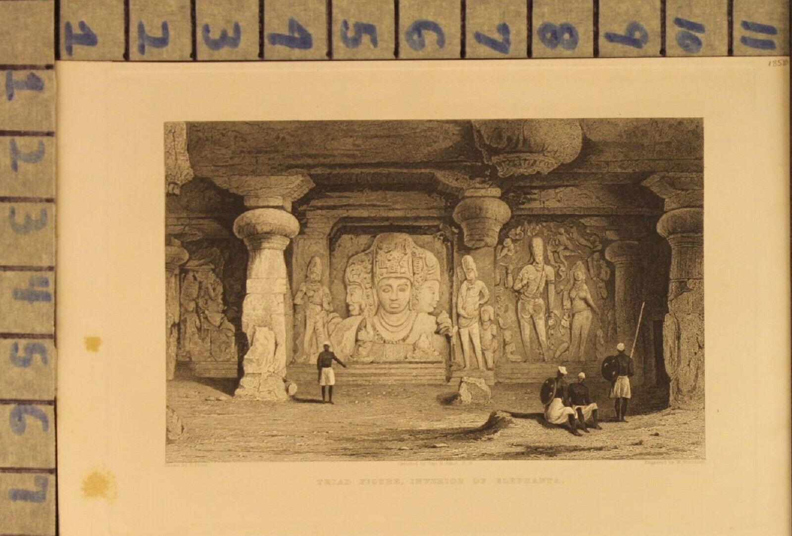 1858 ELEPHANTA CAVE HINDU SHIVA ARCHAEOLOGY TRIAD BUDDHIST PRINT ART  ZG98