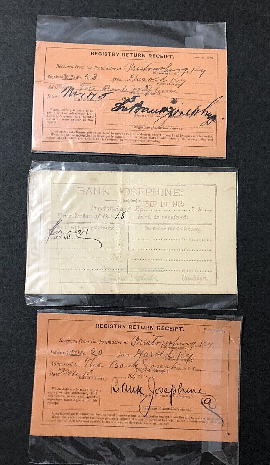 1905 Lot of 3 Postal Cards ~ Bank of Josephine Prestonburg KY to GF Geo Hatcher