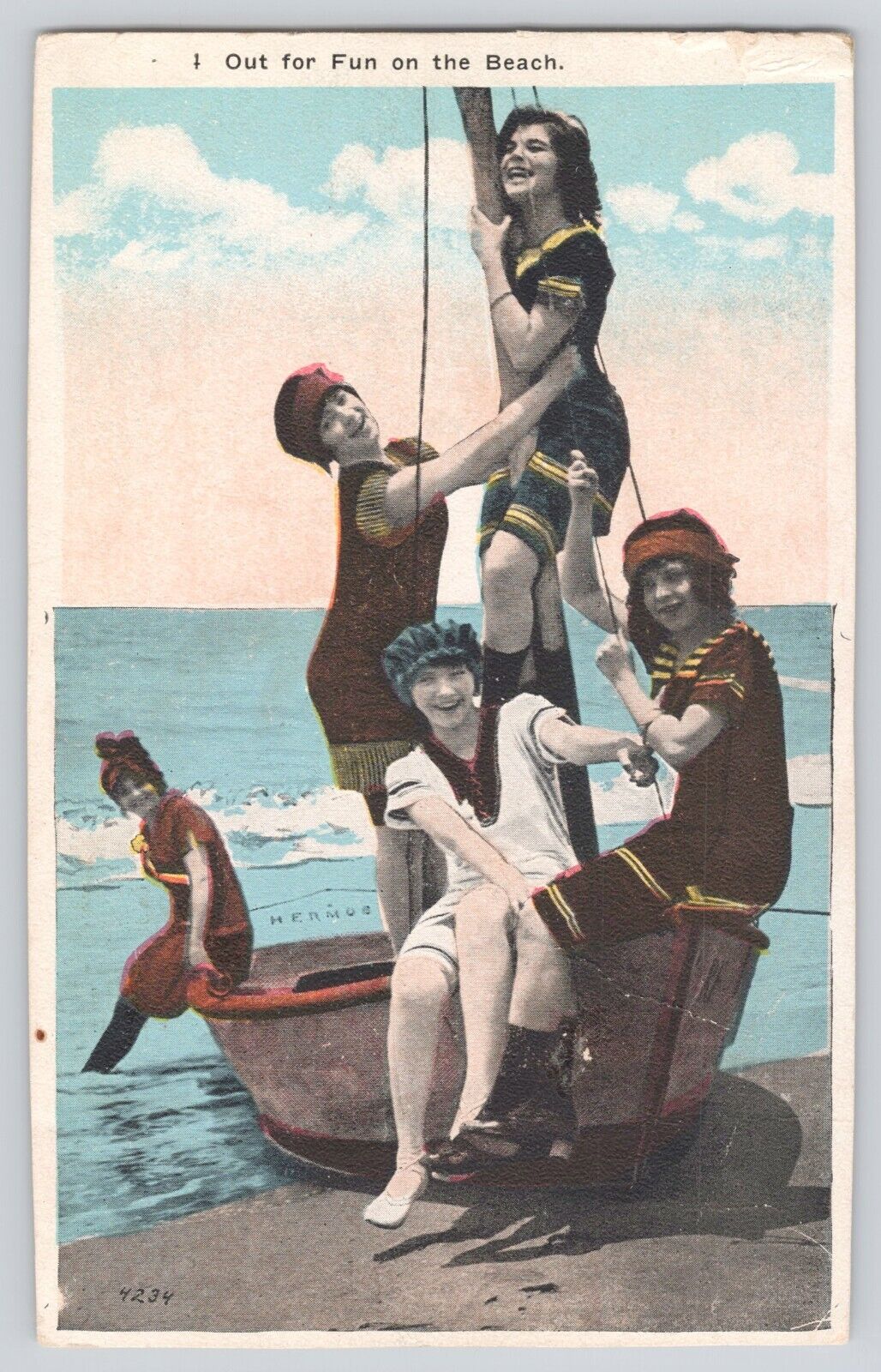 Postcard Bathing Beauties Out For Fun On The Beach Boat Swimsuits Vintage c1915