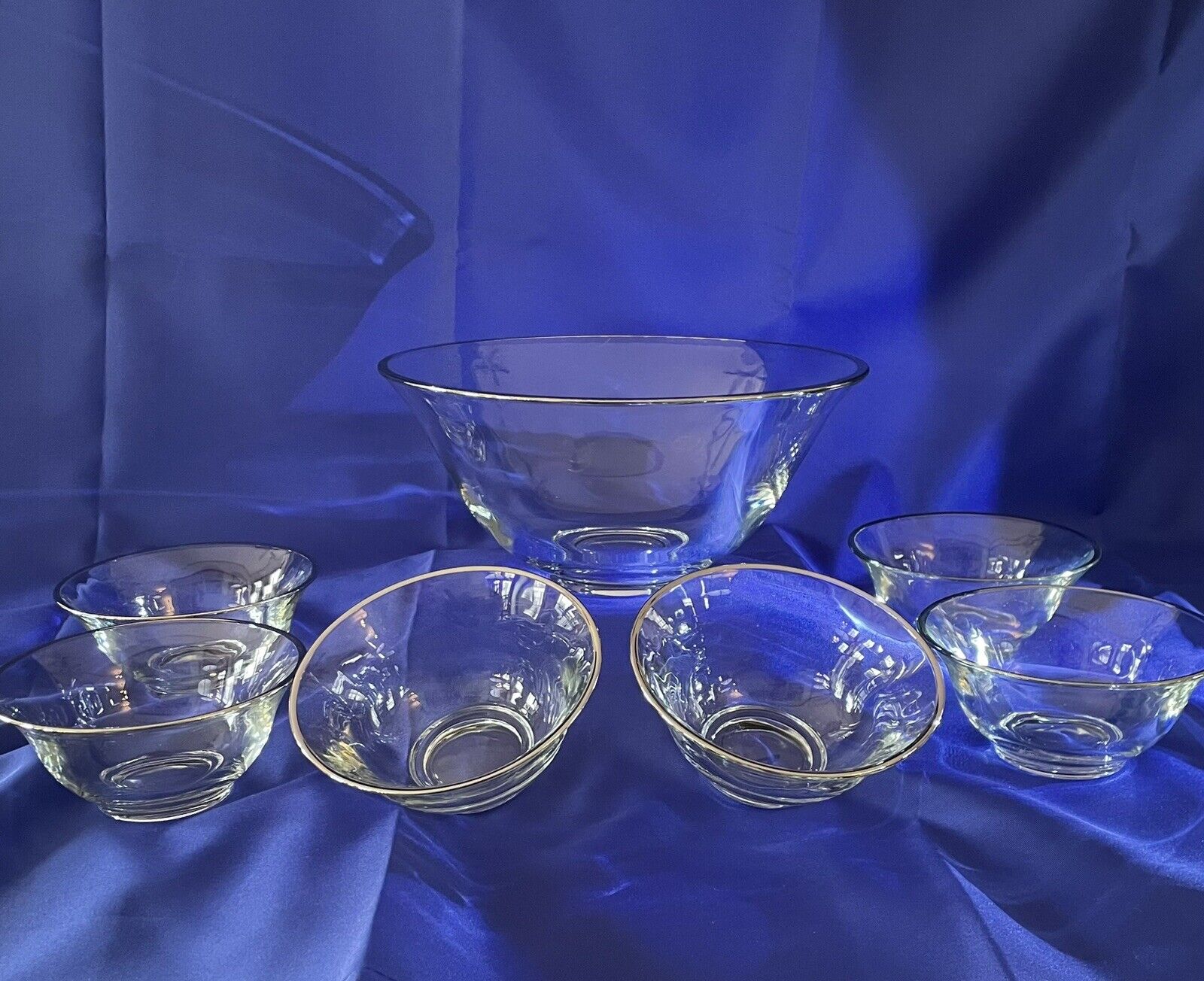 Vintage Indiana Glass Clear w/Silver Edge 9 Piece Salad Bowl Set. Simply Elegant