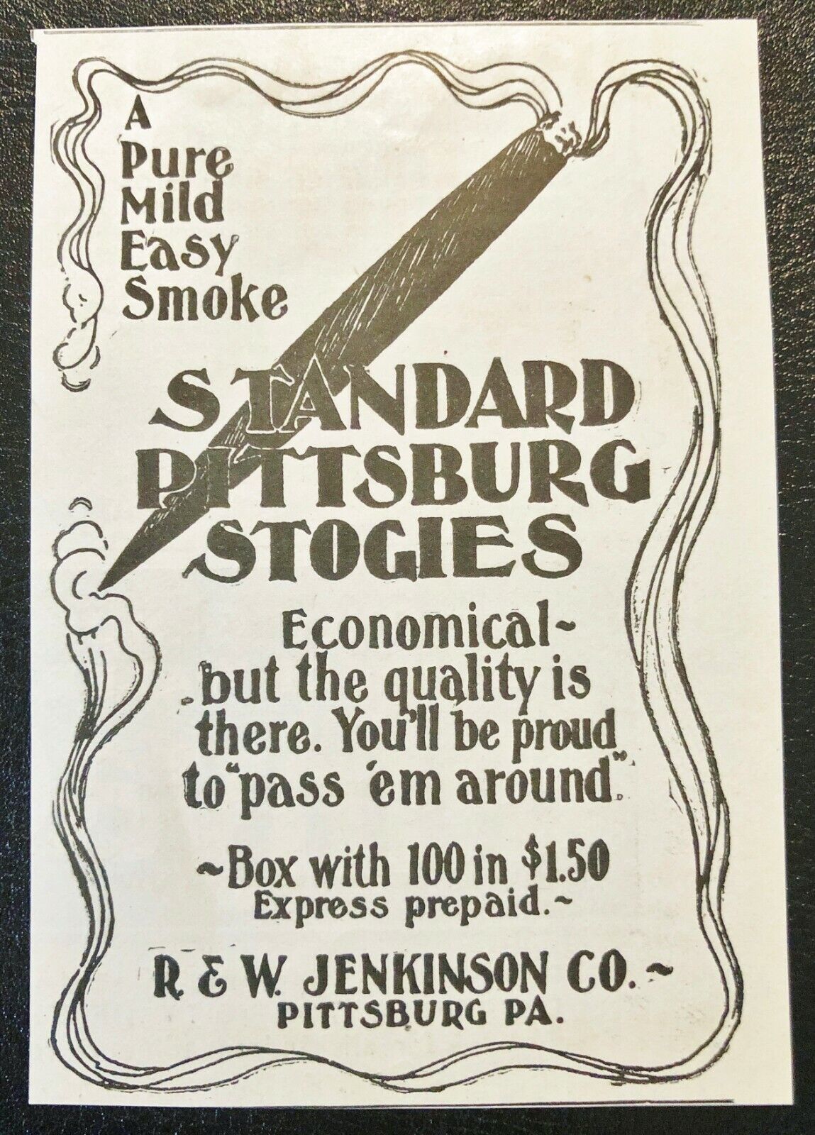1/1898 STANDARD PITTSBURG STOGIES Vtg Cigar Print Ad~R&W Jenkinson Pittsburgh,PA