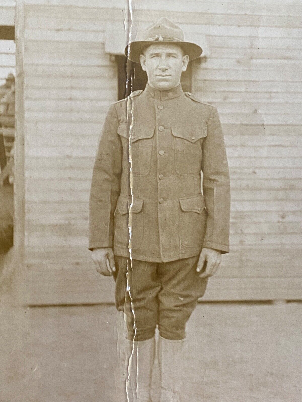 1918 RPPC: WWI ARMY PORTRAIT antique real photograph postcard SOLDIER, BARRACKS