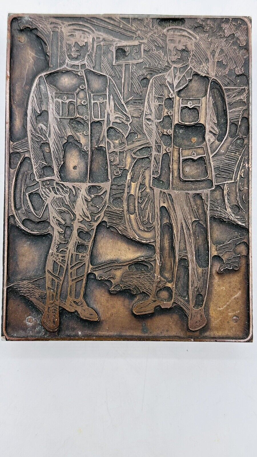 WWI Soldiers In Uniform Copper Printers Embossed Wood Block Die Artist Unknown