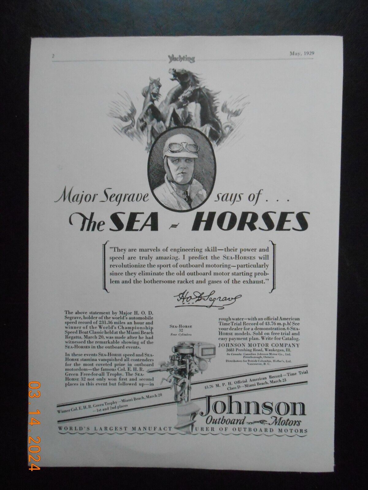 1929 Johnson Outboard Motor CO Sea Horse AD Major Segrave AD Ovington\'s Kliz art