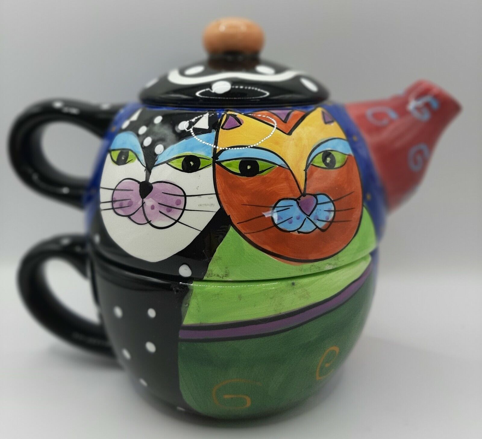 Milson & Louis Stacking Teapot & Mug Handpainted Colorful whimsical cats 3 pcs