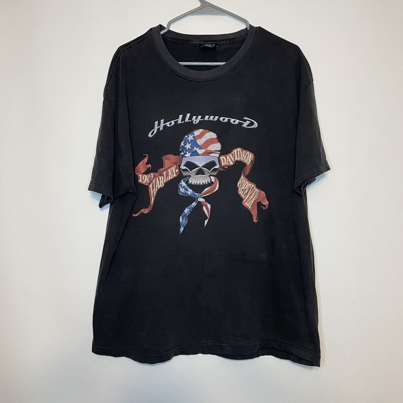 Vintage 2001 Harley Davidson Skull Hollywood California Black T Shirt Size XL