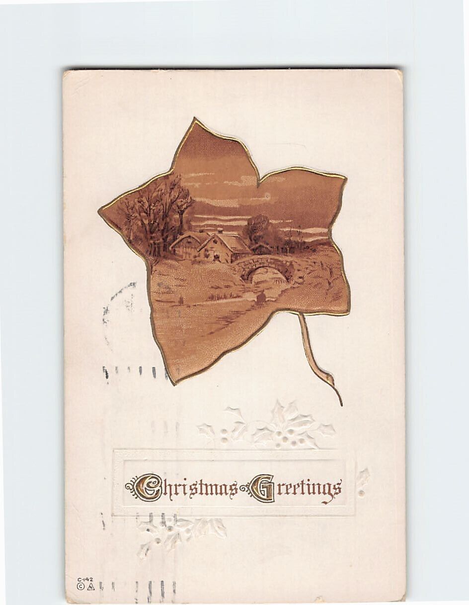 Postcard Christmas Greetings with Leaf Hollies Embossed Art Print