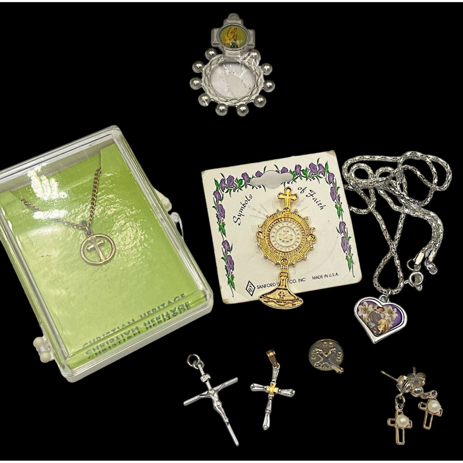 Vintage Lot of Christian Heritage Cross Pendants Earrings Rosary Ring Lapel Pin