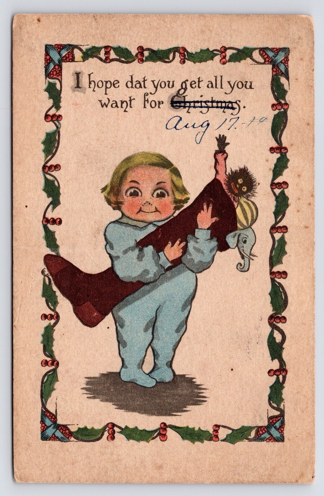 c1908 Kid in Pajamas with Christmas Stocking Doll Toys Holly Border Art Postcard
