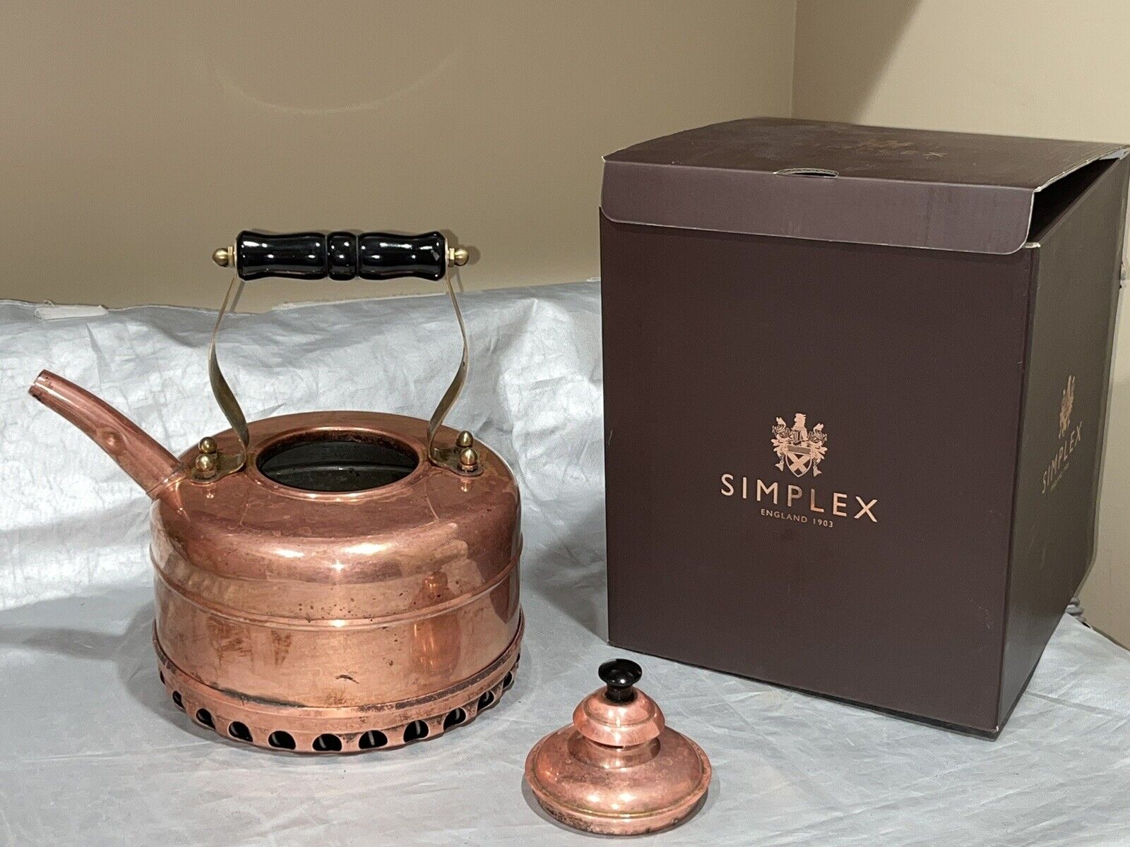 Vintage Simplex England Solid Copper Whistling Tea Kettle Boil Coil REGd 786743